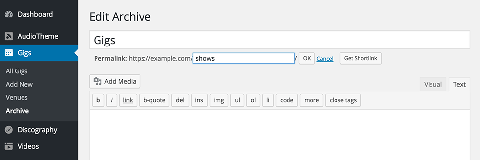 Gig Archives Permalink Settings